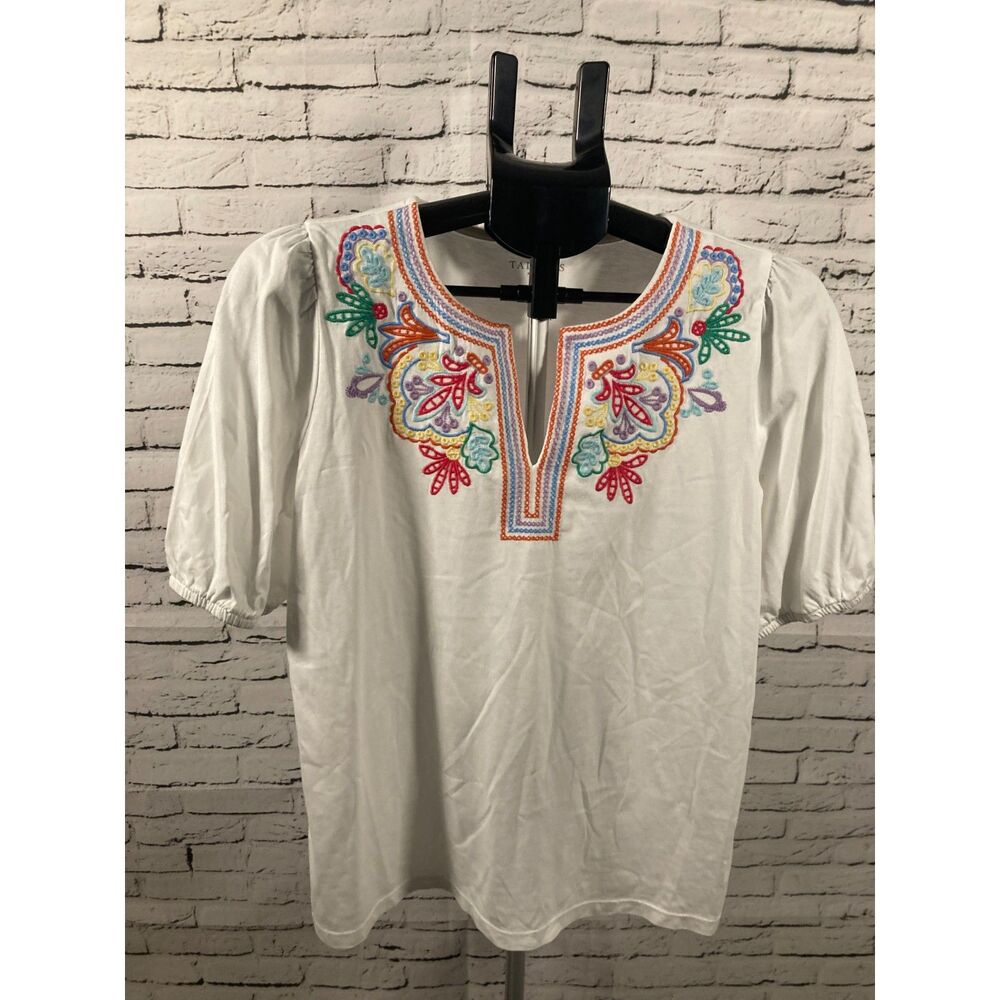 Talbots White Embroidered Blouse Size MP Colorful Boho Stitching